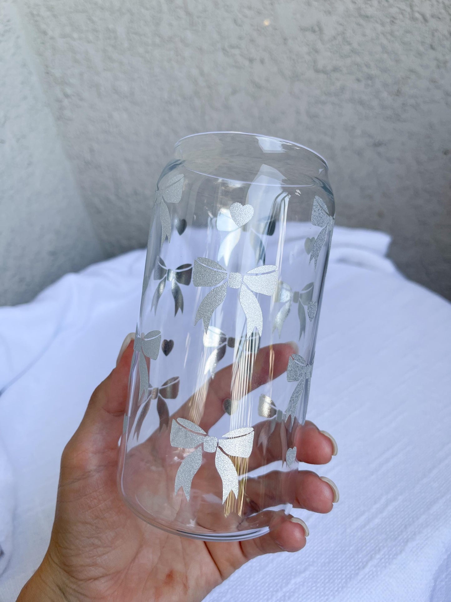 Sparkly Silver Bow Glass Cup With Lid and Straw