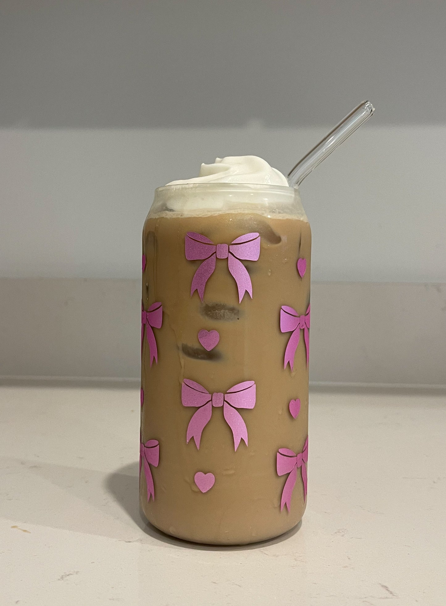 Pink Sparkly Bows Iced Coffee Glass Cup