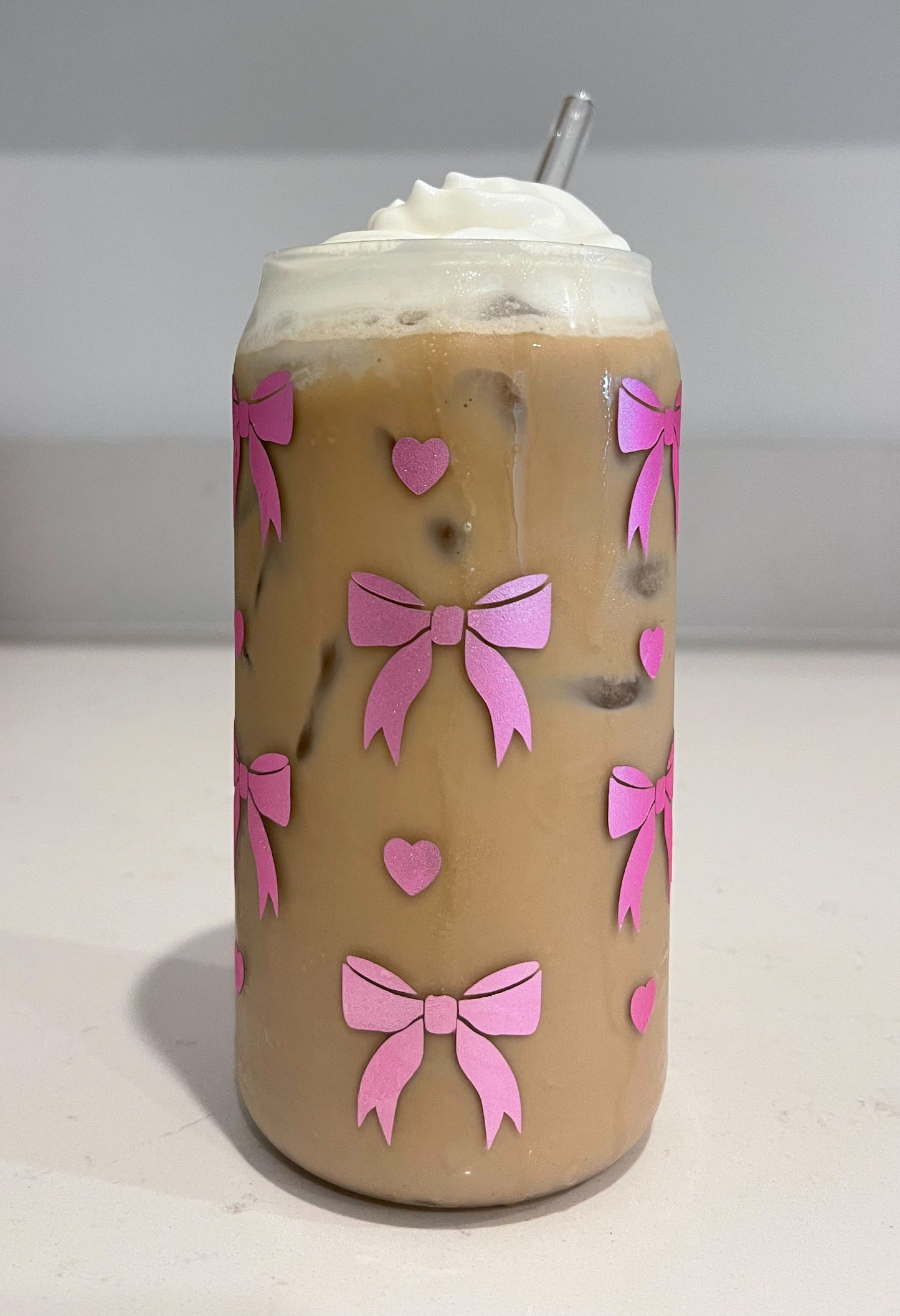 Pink Sparkly Bows Iced Coffee Glass Cup