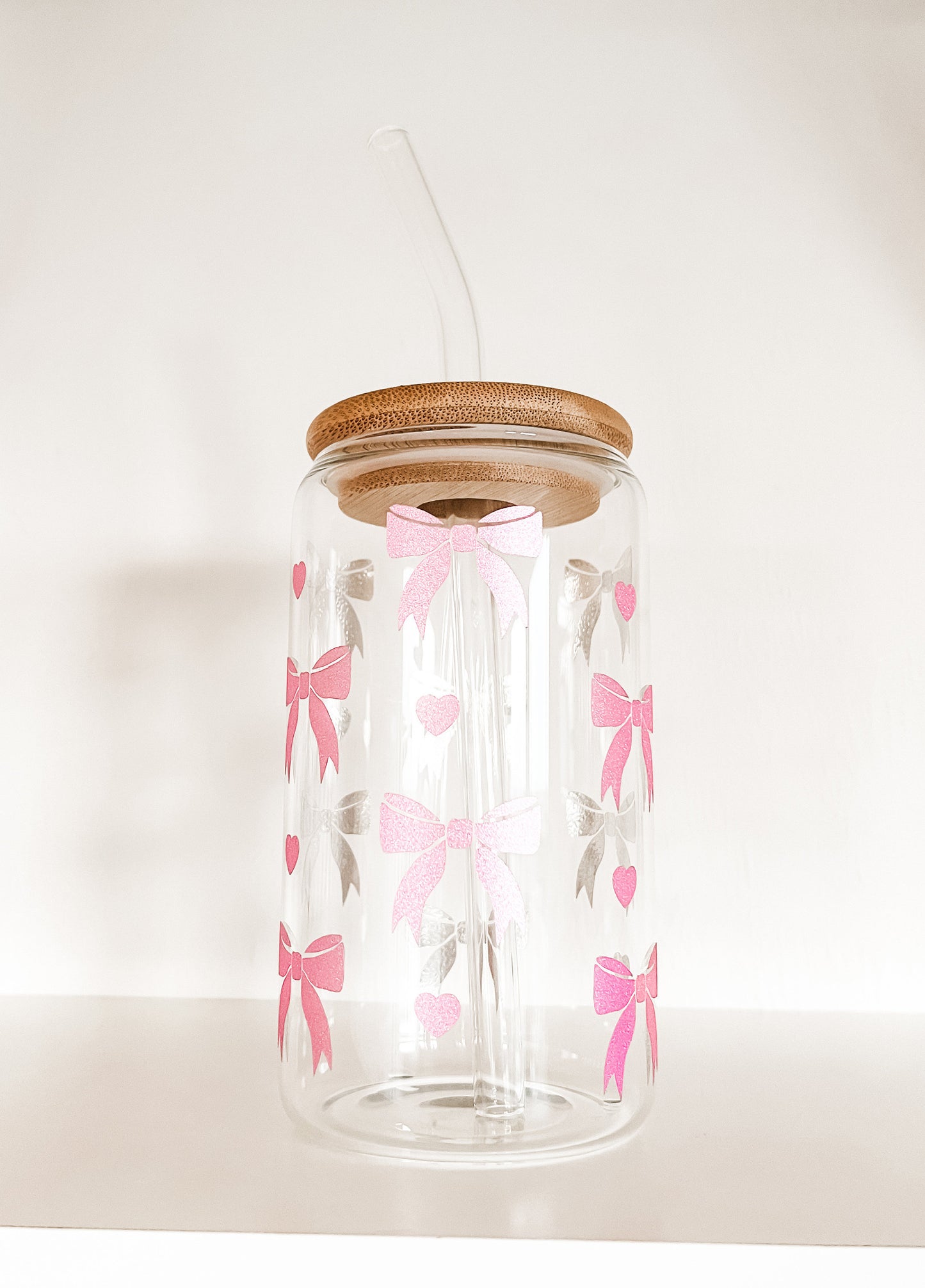 Pink Sparkly Bows Iced Coffee Glass Cup