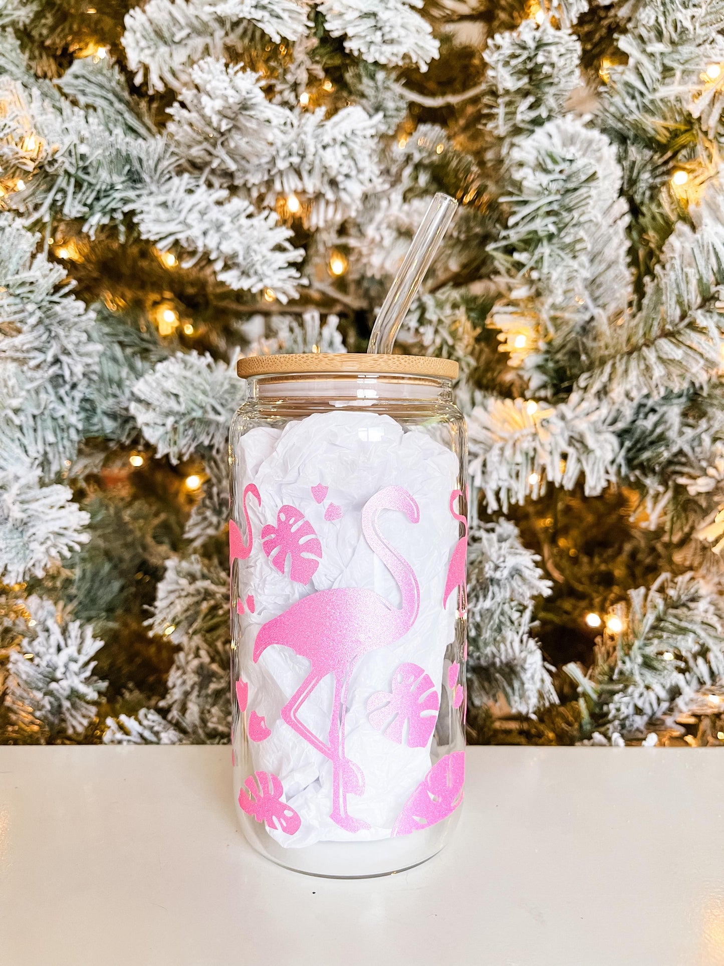 Pink Flamingo Iced Coffee Glass Cup