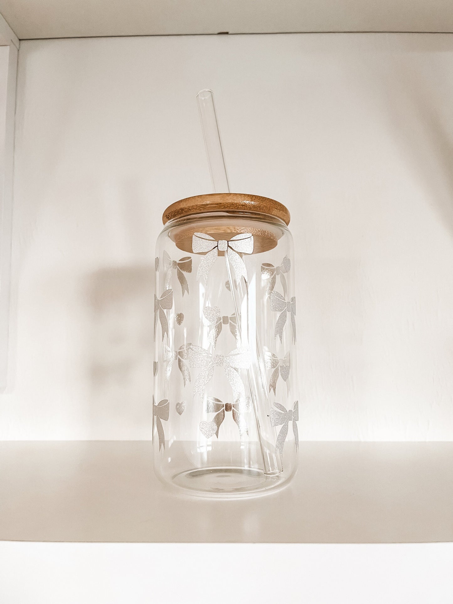 Sparkly Silver Bow Glass Cup With Lid and Straw