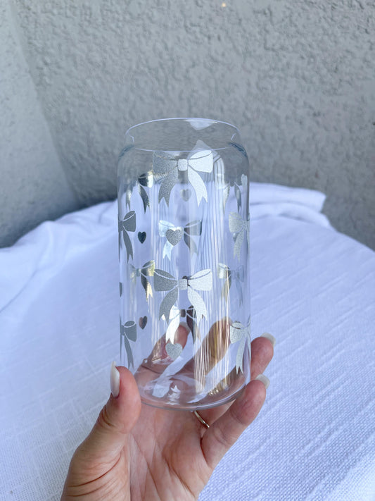 Sparkly Silver Bow Glass Cup With Lid and Straw