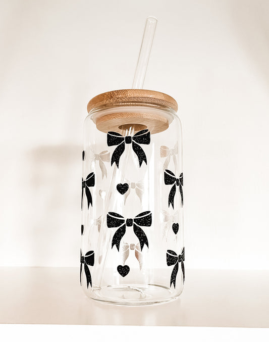 Black Bow Glass Cup With Lid and Straw