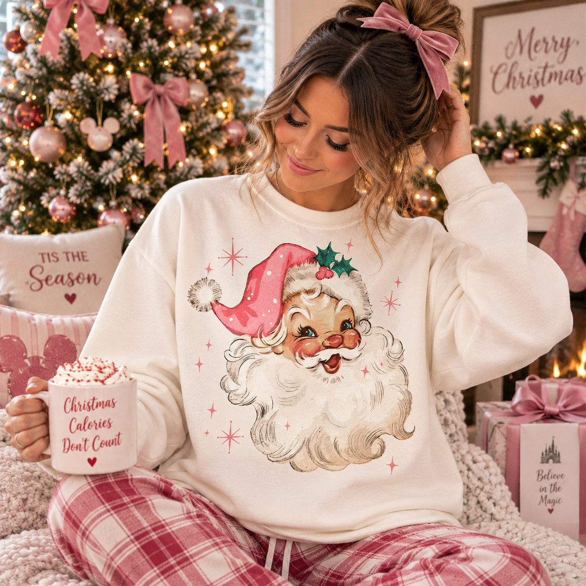 Pink Santa Christmas Sweatshirt | Vintage Santa Holiday Crewneck | Retro Christmas Sweater