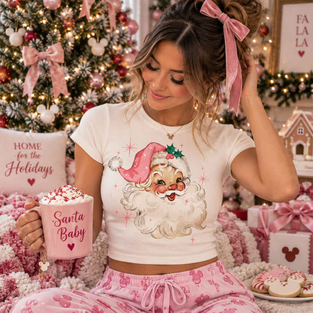 Pink Santa Baby Tee | Vintage Santa Christmas Crop Top | Retro Christmas Fitted Tee