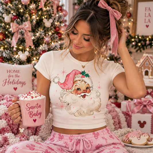 Pink Santa Baby Tee | Vintage Santa Christmas Crop Top | Retro Christmas Fitted Tee
