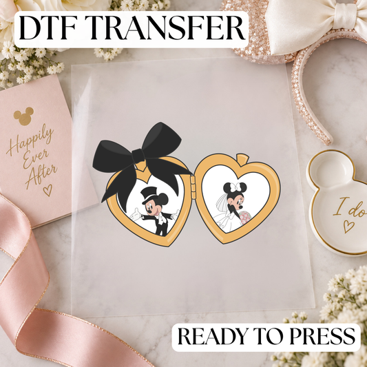Disney Mickey Mouse & Minnie Mouse Wedding Locket DTF Transfer – Gold Locket Black Bow