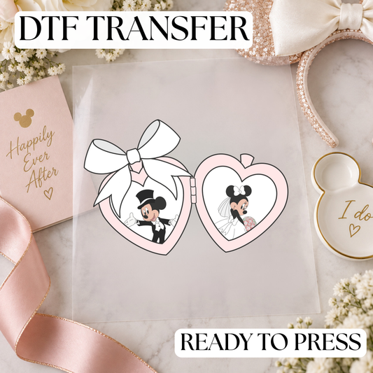 Disney Mickey Mouse & Minnie Mouse Wedding Locket DTF Transfer – Pink Locket White Bow