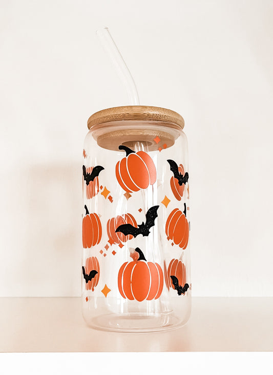 Pumpkins and Bats Glass Cup