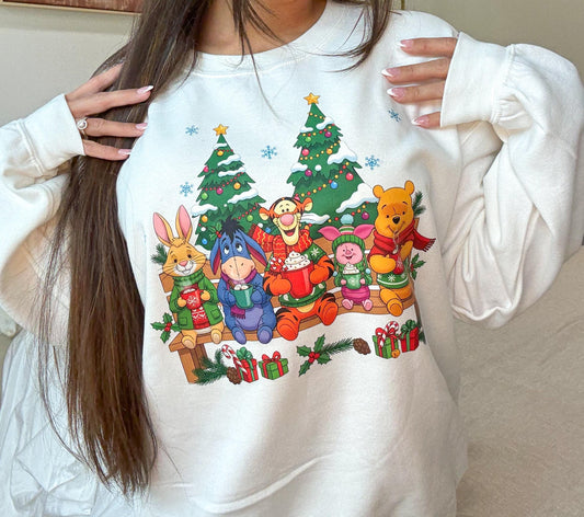 Winnie The Pooh Christmas Graphic Sweatshirt: White Size S-XL.