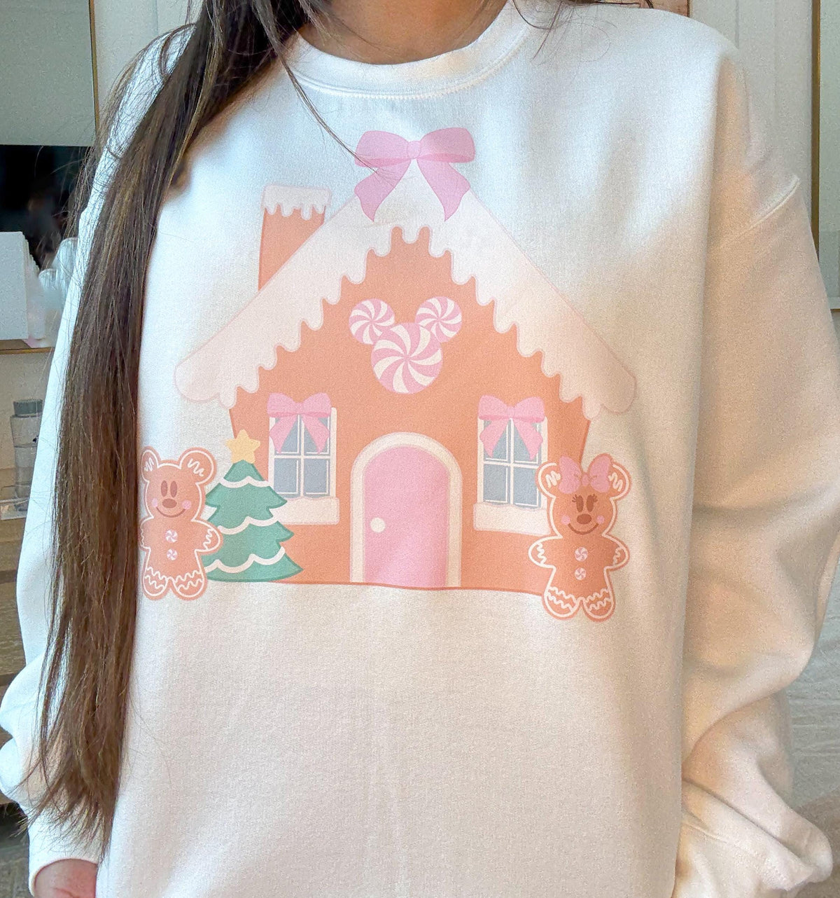 Gingerbread Christmas Graphic Sweatshirt: White Sizes S-XL.