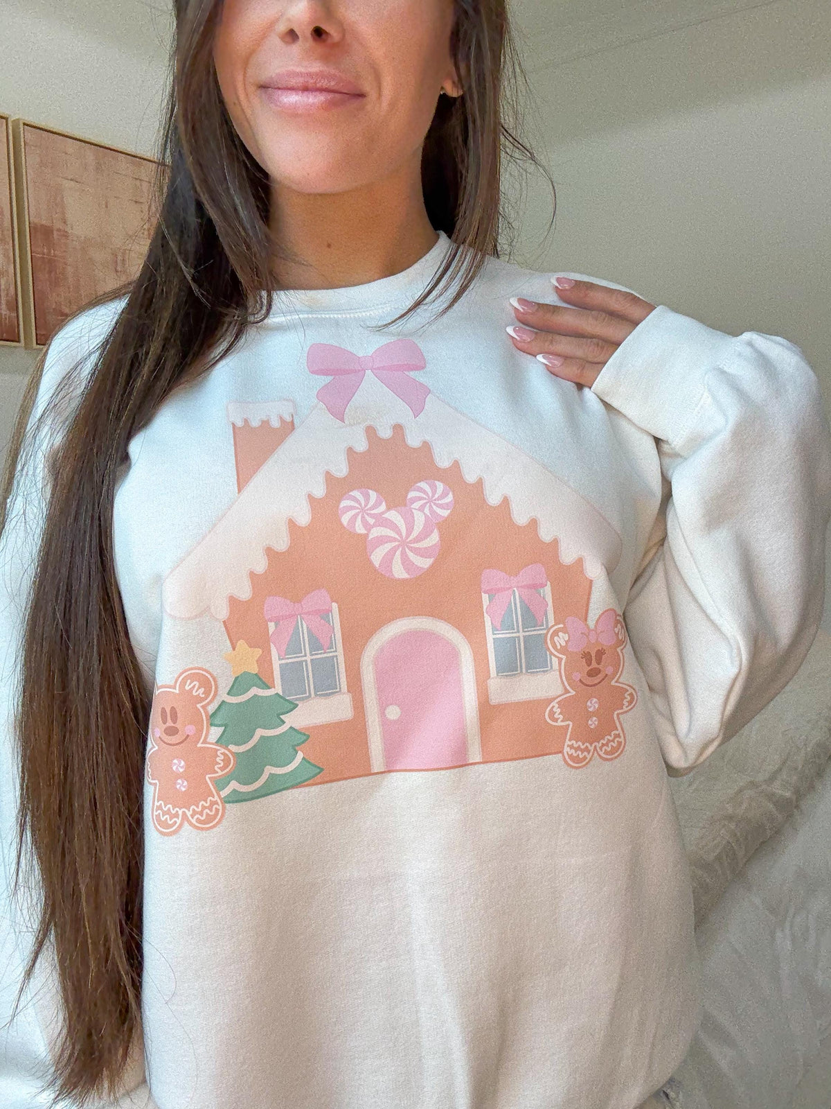 Gingerbread Christmas Graphic Sweatshirt: White Sizes S-XL.