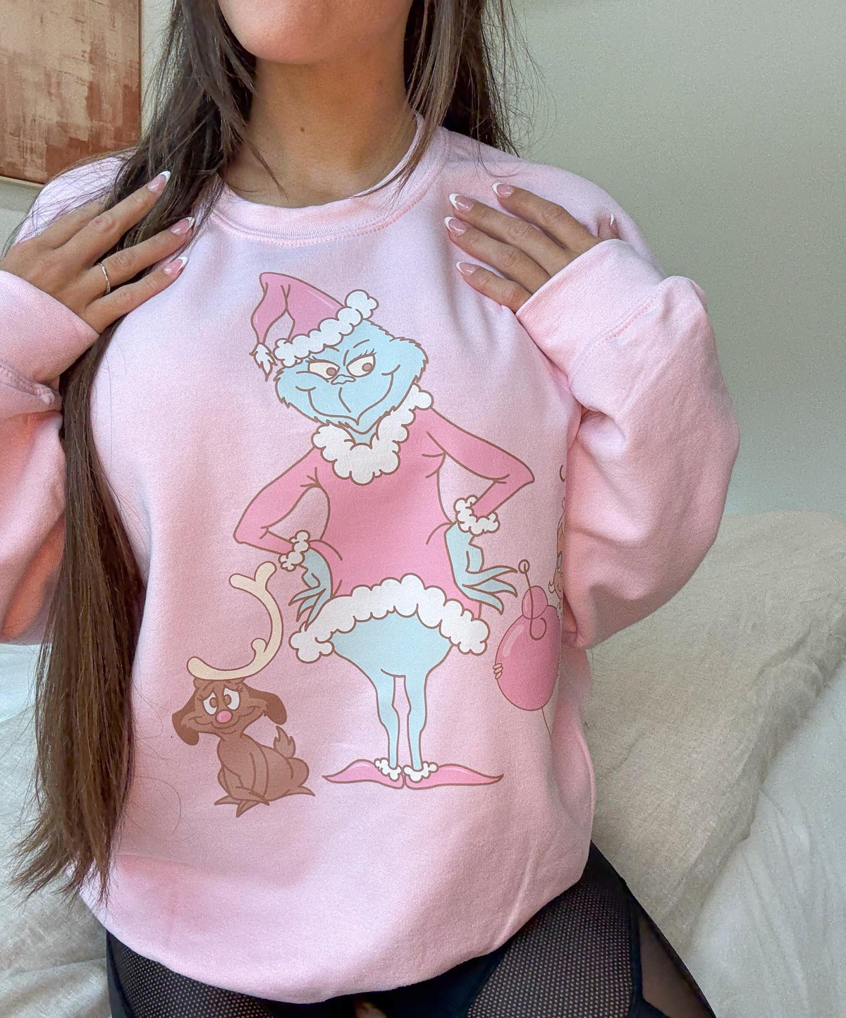 Pink Grinch Christmas Sweatshirt: Max, Cindy Lou Who, Pastel Graphic