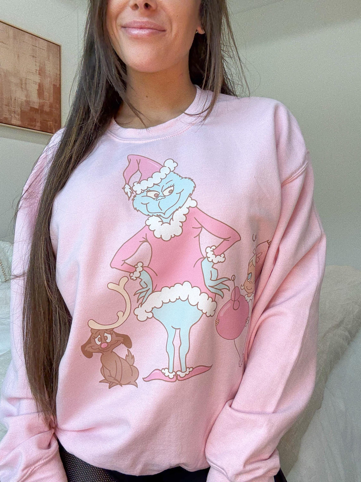 Pink Grinch Christmas Sweatshirt: Max, Cindy Lou Who, Pastel Graphic
