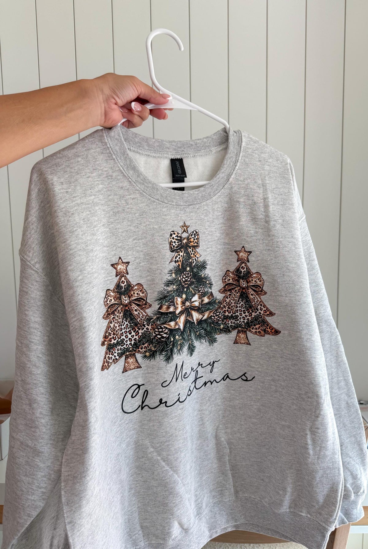 Merry Christmas Sweatshirt Leopard Bow Christmas Party Tree Sweater