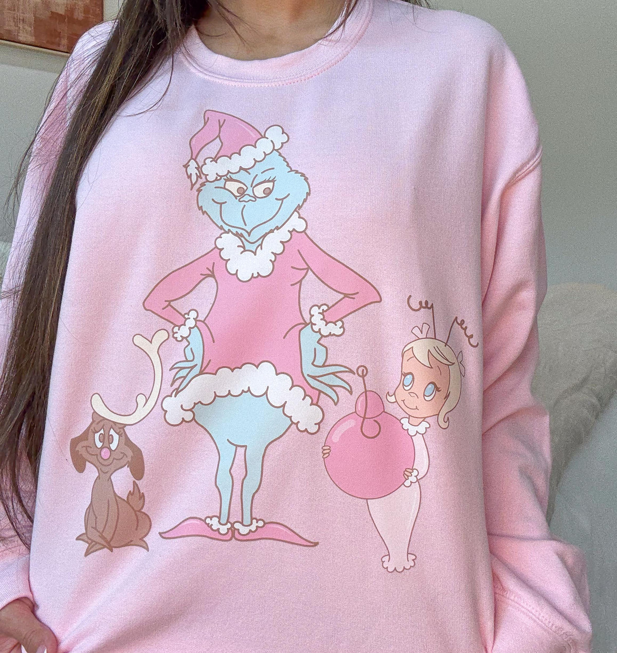 Pink Grinch Christmas Sweatshirt: Max, Cindy Lou Who, Pastel Graphic