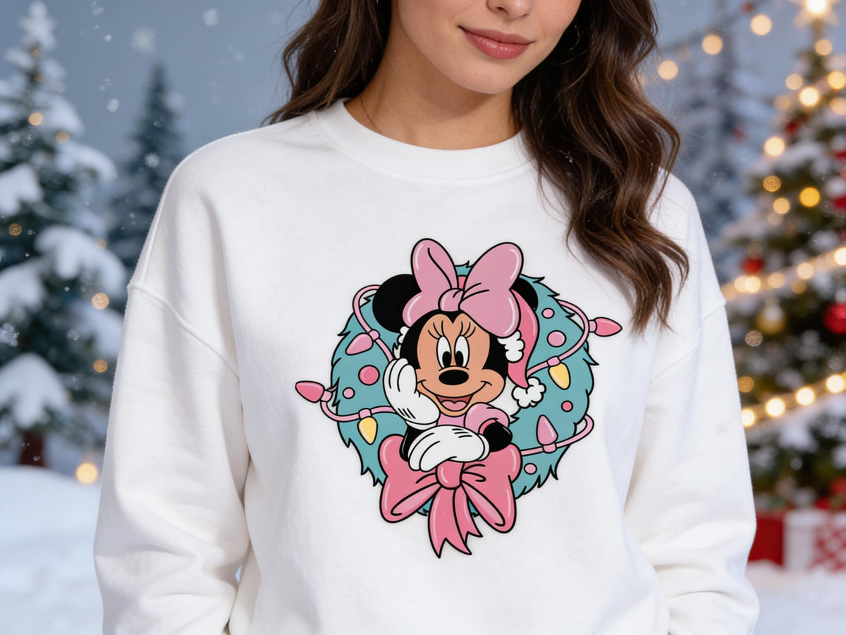 DTF Transfer: Minnie Mouse Disney Christmas Holiday Wreath and Lights
