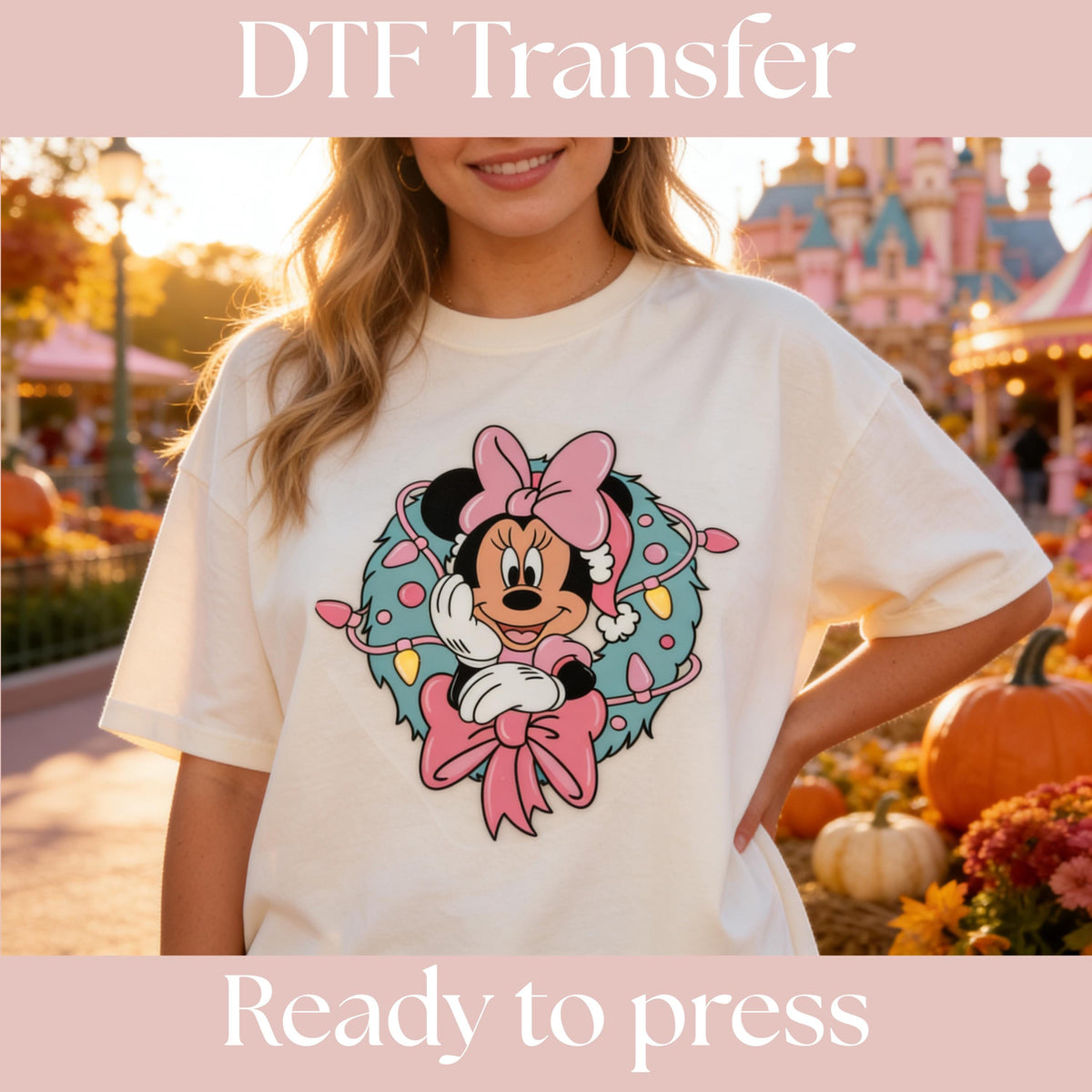DTF Transfer: Minnie Mouse Disney Christmas Holiday Wreath and Lights