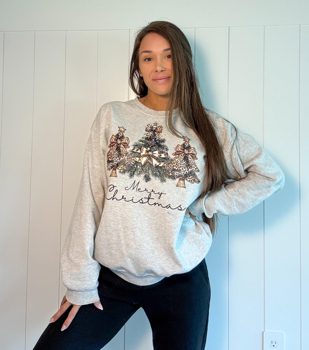 Merry Christmas Sweatshirt Leopard Bow Christmas Party Tree Sweater