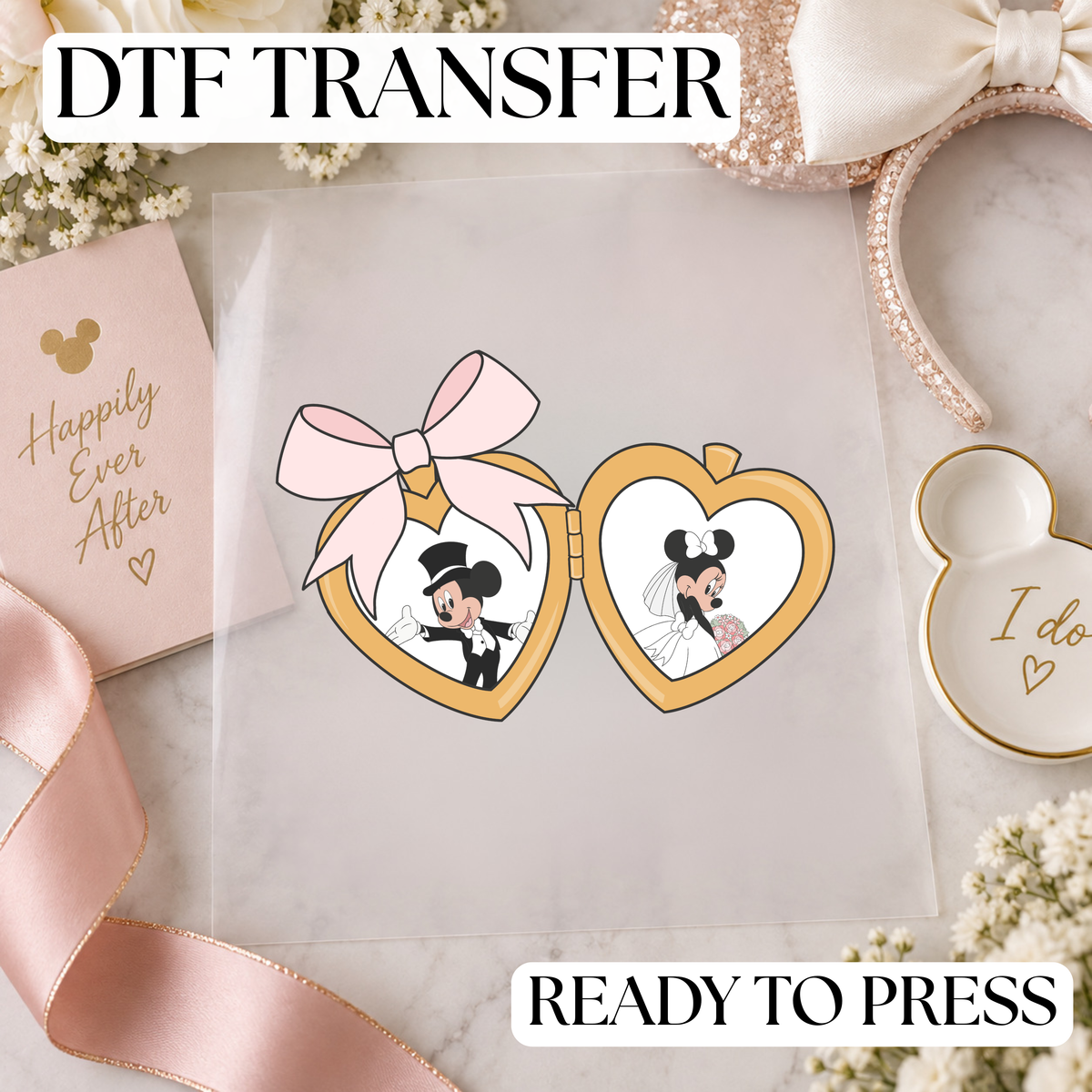 Disney Mickey Mouse & Minnie Mouse Wedding Locket DTF Transfer – Pink Bow Gold Locket