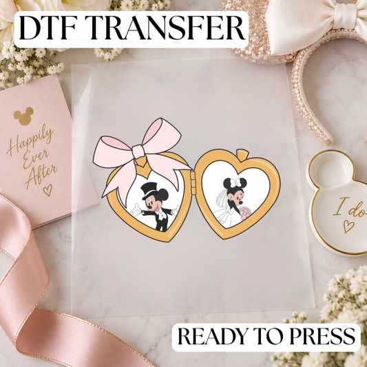 Disney Mickey Mouse & Minnie Mouse Wedding Locket DTF Transfer – Pink Bow Gold Locket